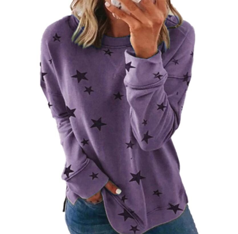 Printed Star Pattern Round Neck Soft Long Sleeve Tops